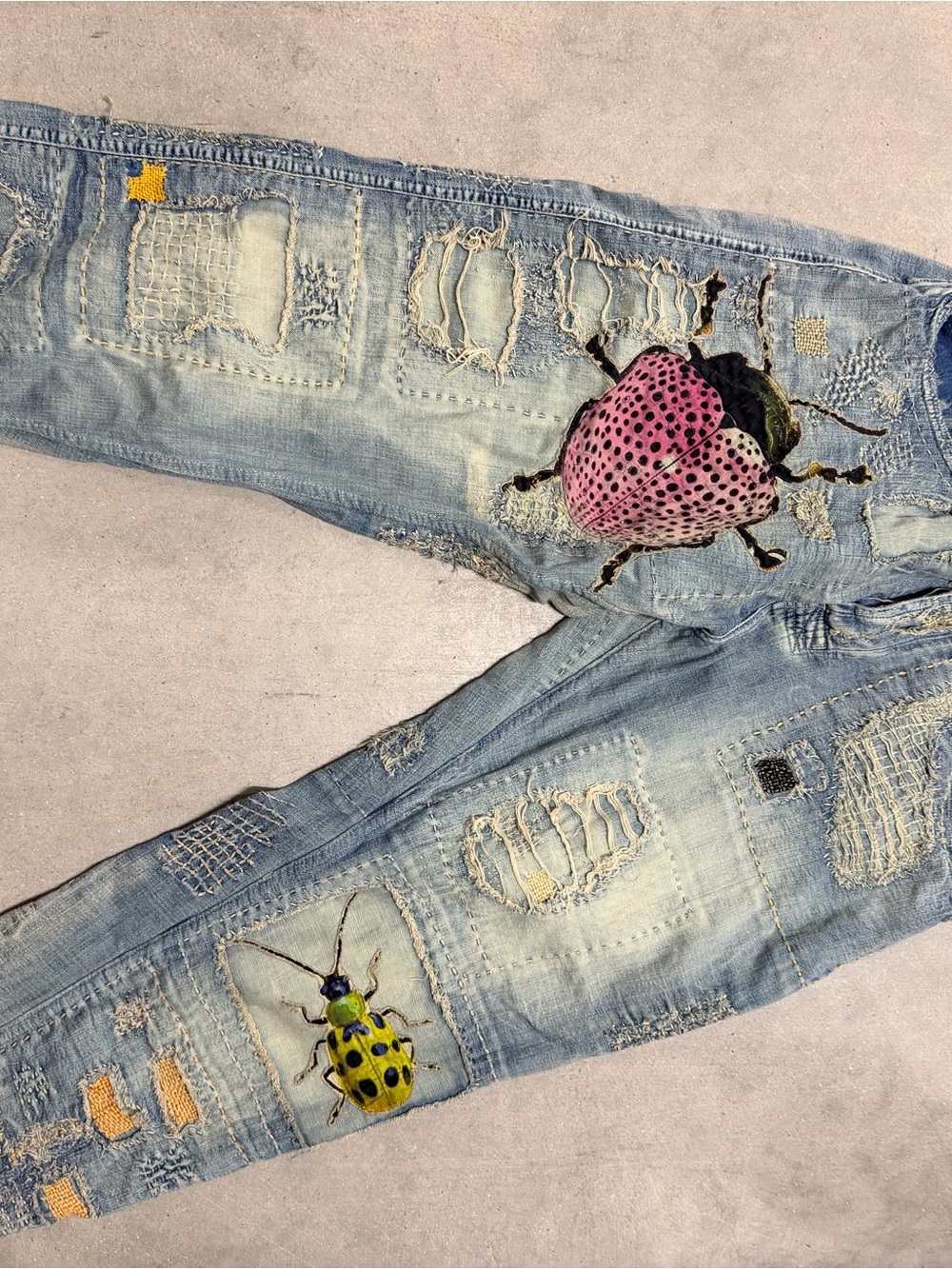 Magnolia Pearl Light Blue Distressed Jeans with Colorful Beetle Embroidery